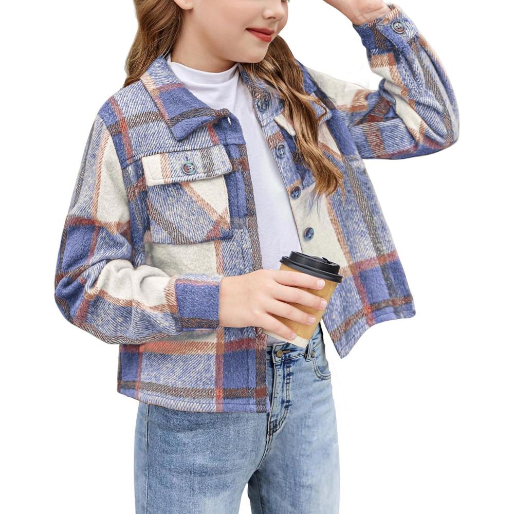 imageArshiner Girls Flannel Fall Winter Cropped Shacket Plaid Jacket Casual Long Sleeve Button Down Fashion CoatBlue