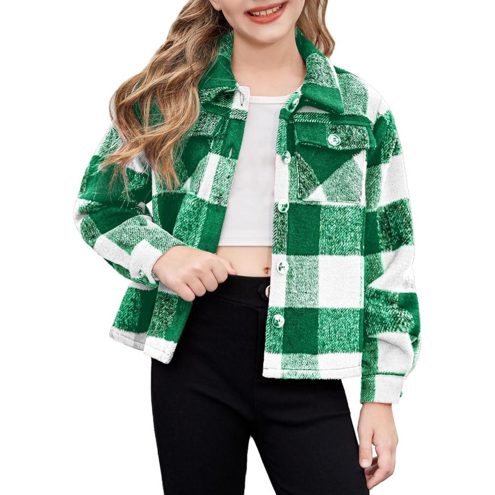 imageArshiner Girls Flannel Fall Winter Cropped Shacket Plaid Jacket Casual Long Sleeve Button Down Fashion CoatGreen