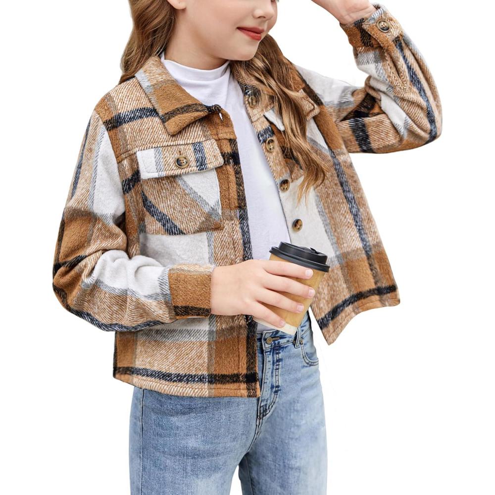 imageArshiner Girls Flannel Fall Winter Cropped Shacket Plaid Jacket Casual Long Sleeve Button Down Fashion CoatKhaki