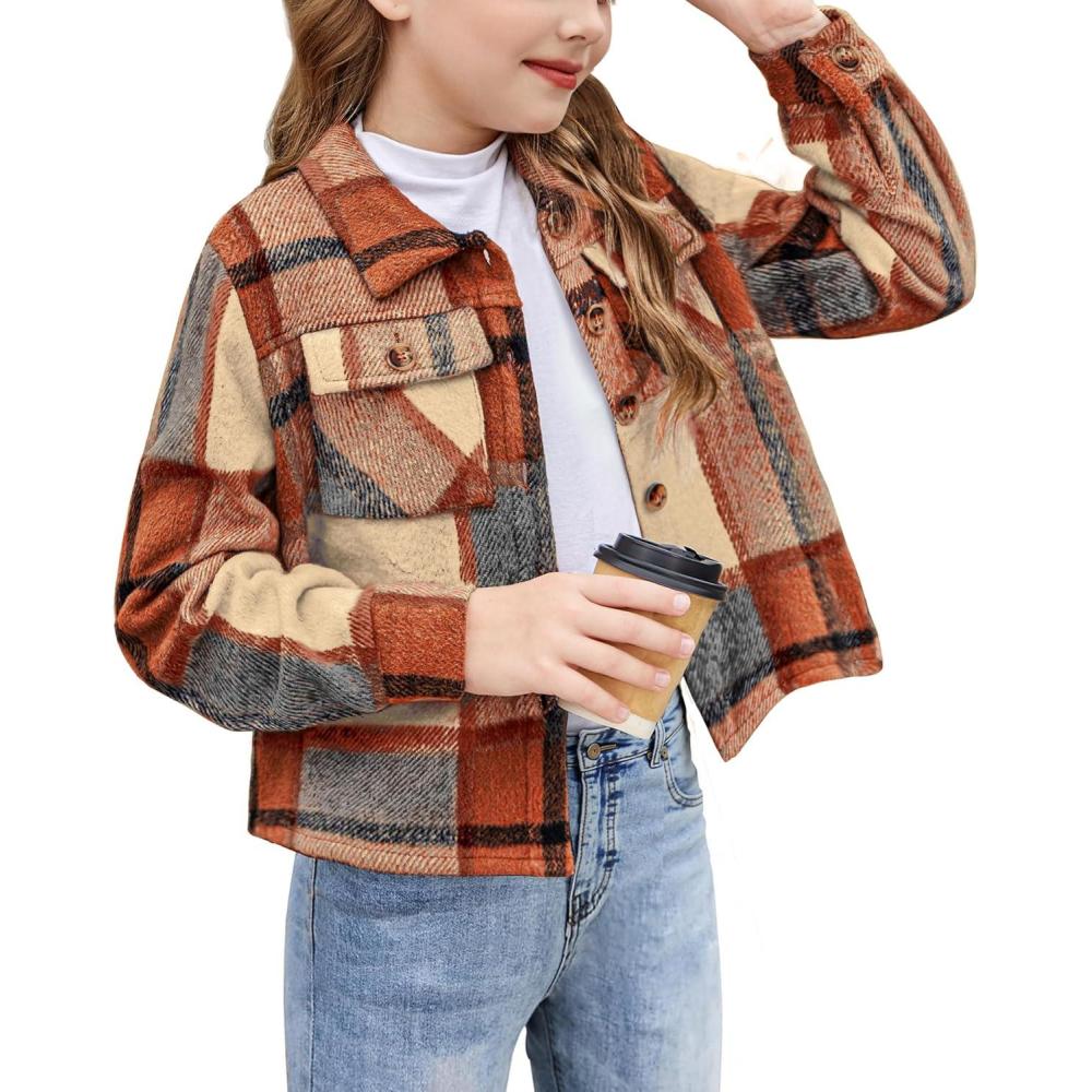 imageArshiner Girls Flannel Fall Winter Cropped Shacket Plaid Jacket Casual Long Sleeve Button Down Fashion CoatOrange