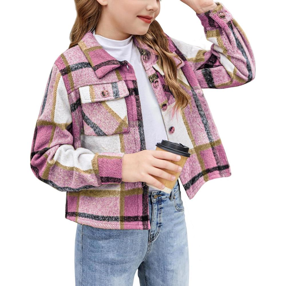 imageArshiner Girls Flannel Fall Winter Cropped Shacket Plaid Jacket Casual Long Sleeve Button Down Fashion CoatPink