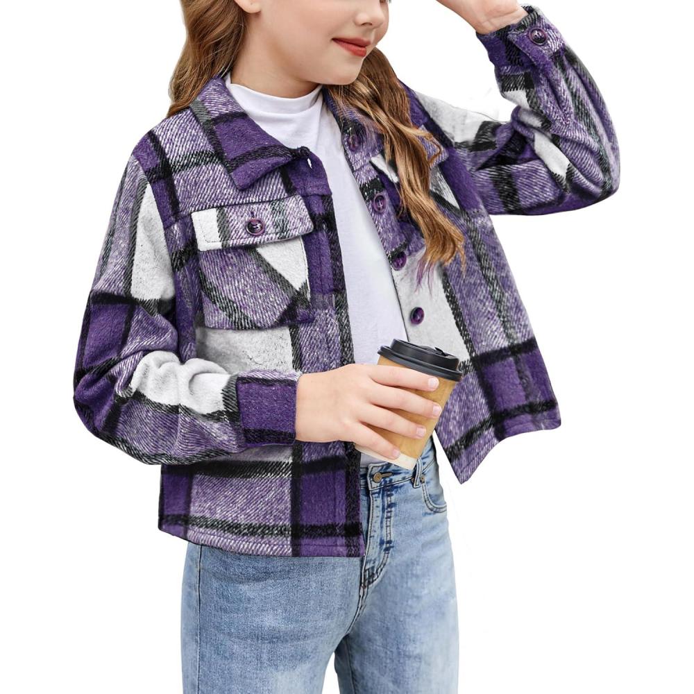 imageArshiner Girls Flannel Fall Winter Cropped Shacket Plaid Jacket Casual Long Sleeve Button Down Fashion CoatPurple