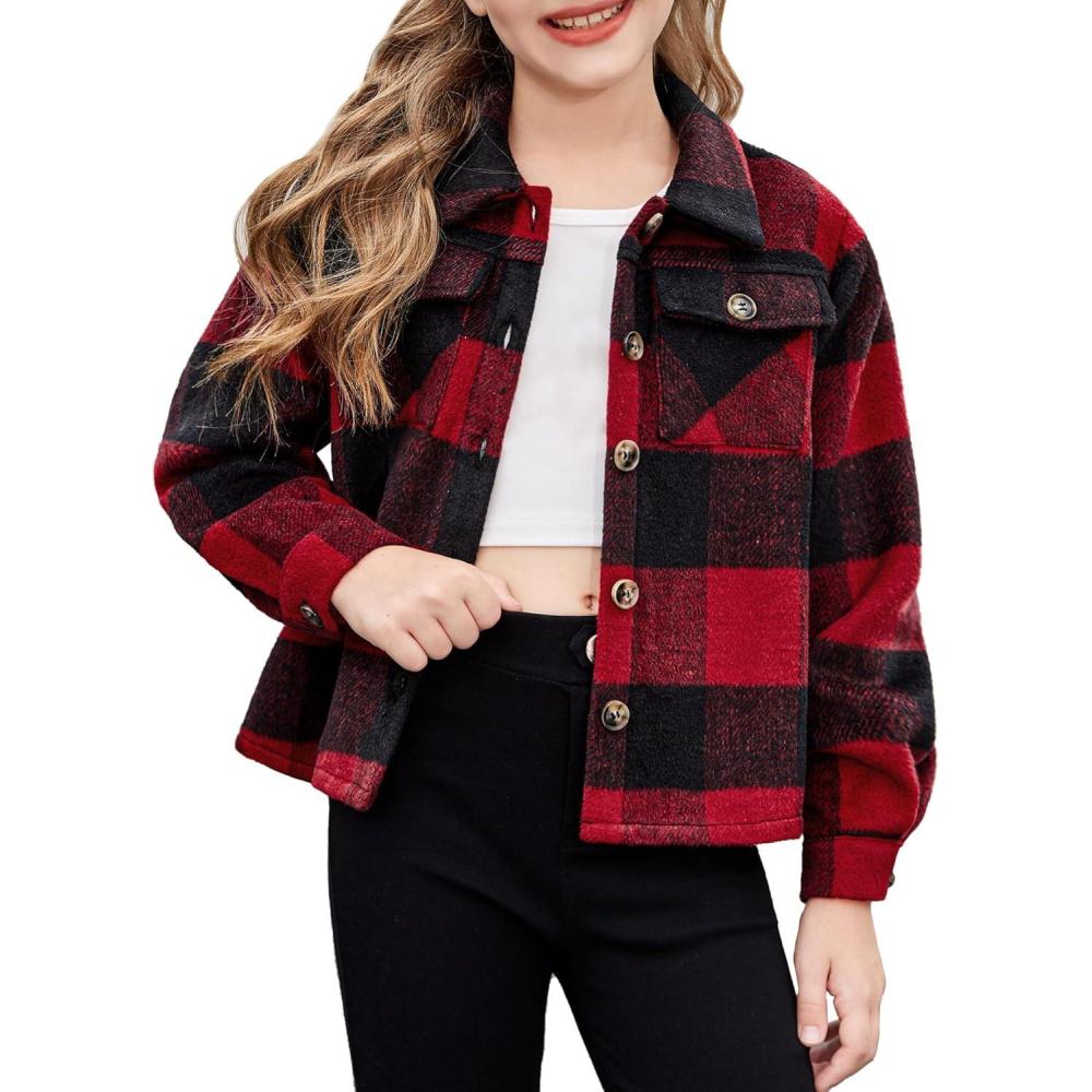 imageArshiner Girls Flannel Fall Winter Cropped Shacket Plaid Jacket Casual Long Sleeve Button Down Fashion CoatRed