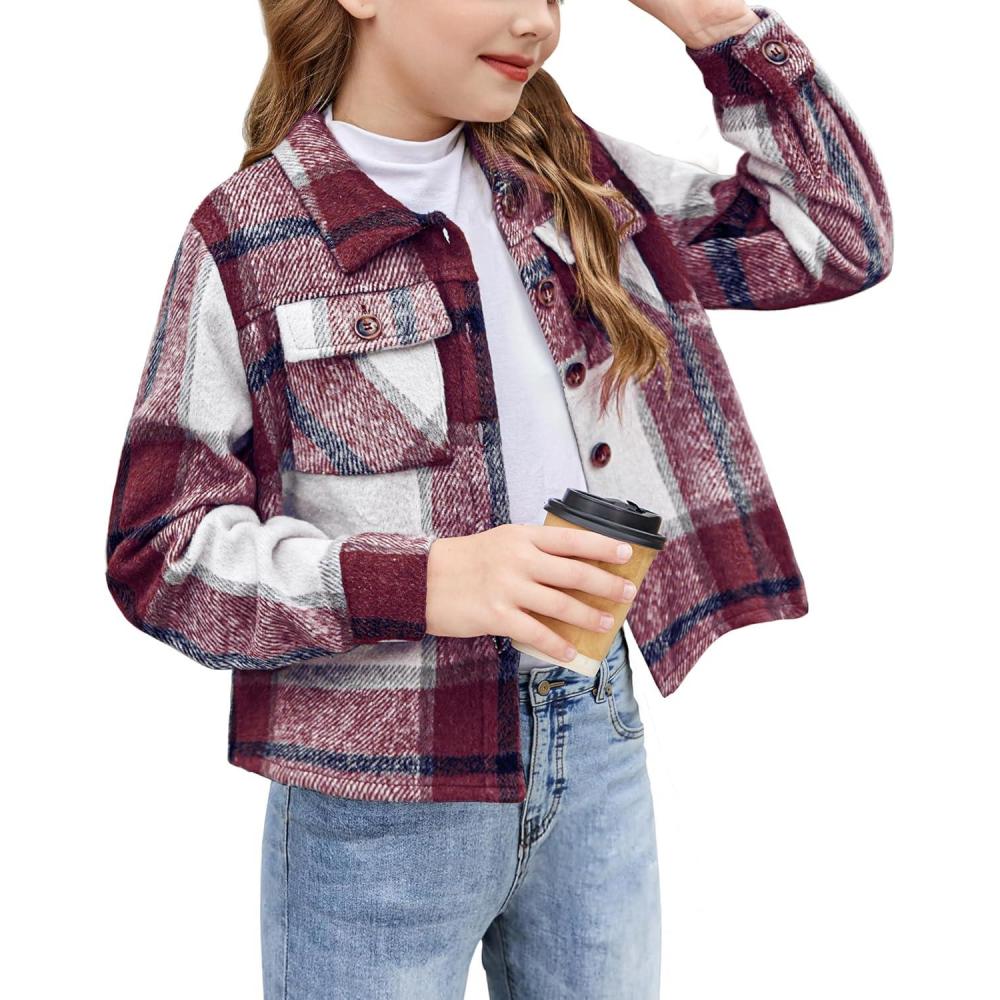 imageArshiner Girls Flannel Fall Winter Cropped Shacket Plaid Jacket Casual Long Sleeve Button Down Fashion CoatWine Red