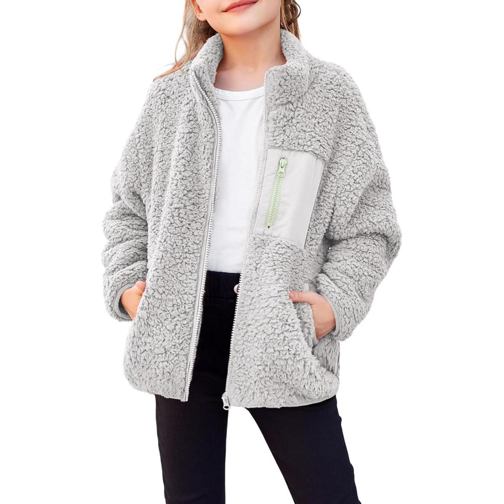 imageArshiner Girls Fleece Jacket Sherpa Fall Winter Full Zip Fuzzy Coat Outwear with PocketsGrey