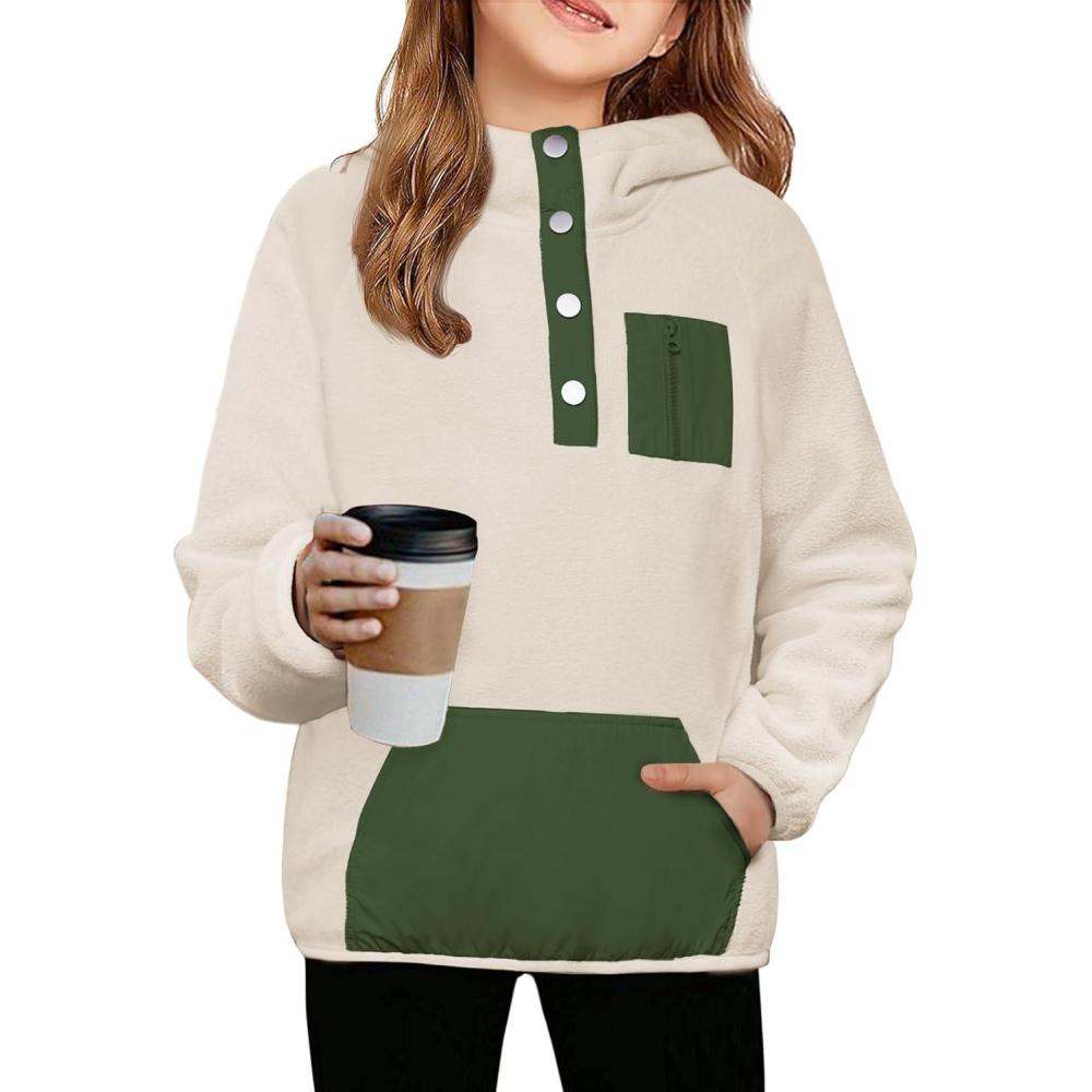 imageArshiner Girls Fleece Pullover Hooded Sweatshirt Colorblock Sherpa Hoodie for Teen Girl Winter Button Jacket Coat with PocketBeige Army Green