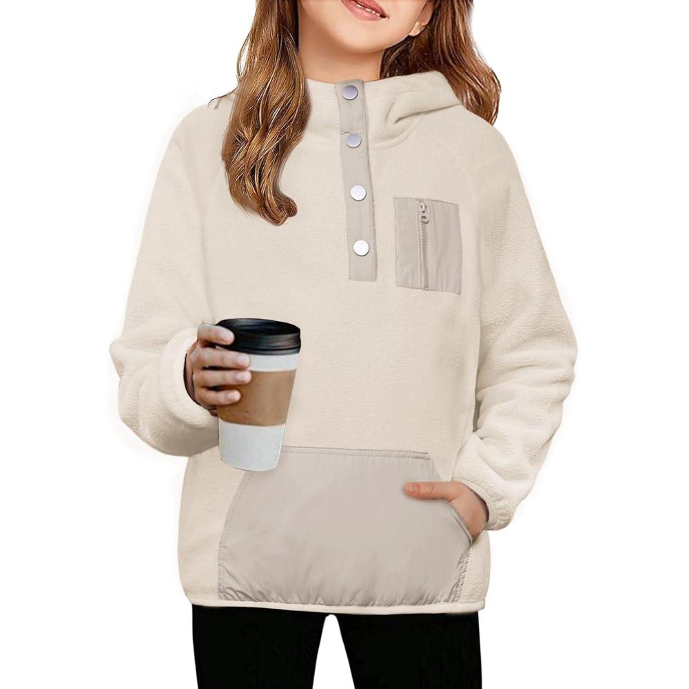 imageArshiner Girls Fleece Pullover Hooded Sweatshirt Colorblock Sherpa Hoodie for Teen Girl Winter Button Jacket Coat with PocketBeige Grey