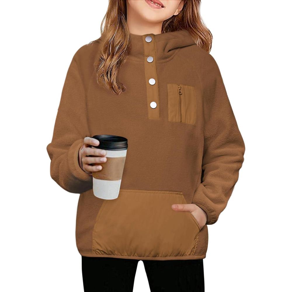 imageArshiner Girls Fleece Pullover Hooded Sweatshirt Colorblock Sherpa Hoodie for Teen Girl Winter Button Jacket Coat with PocketBrown