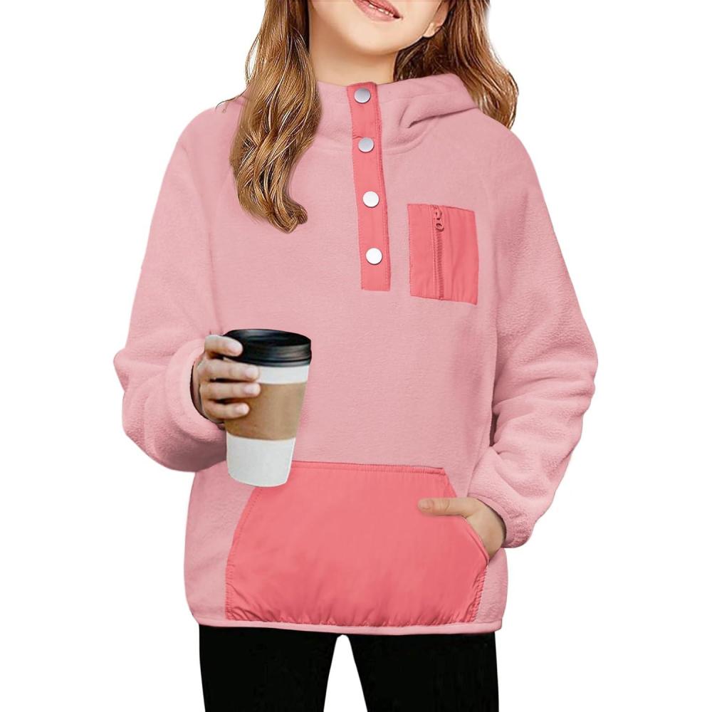 imageArshiner Girls Fleece Pullover Hooded Sweatshirt Colorblock Sherpa Hoodie for Teen Girl Winter Button Jacket Coat with PocketLight Pink