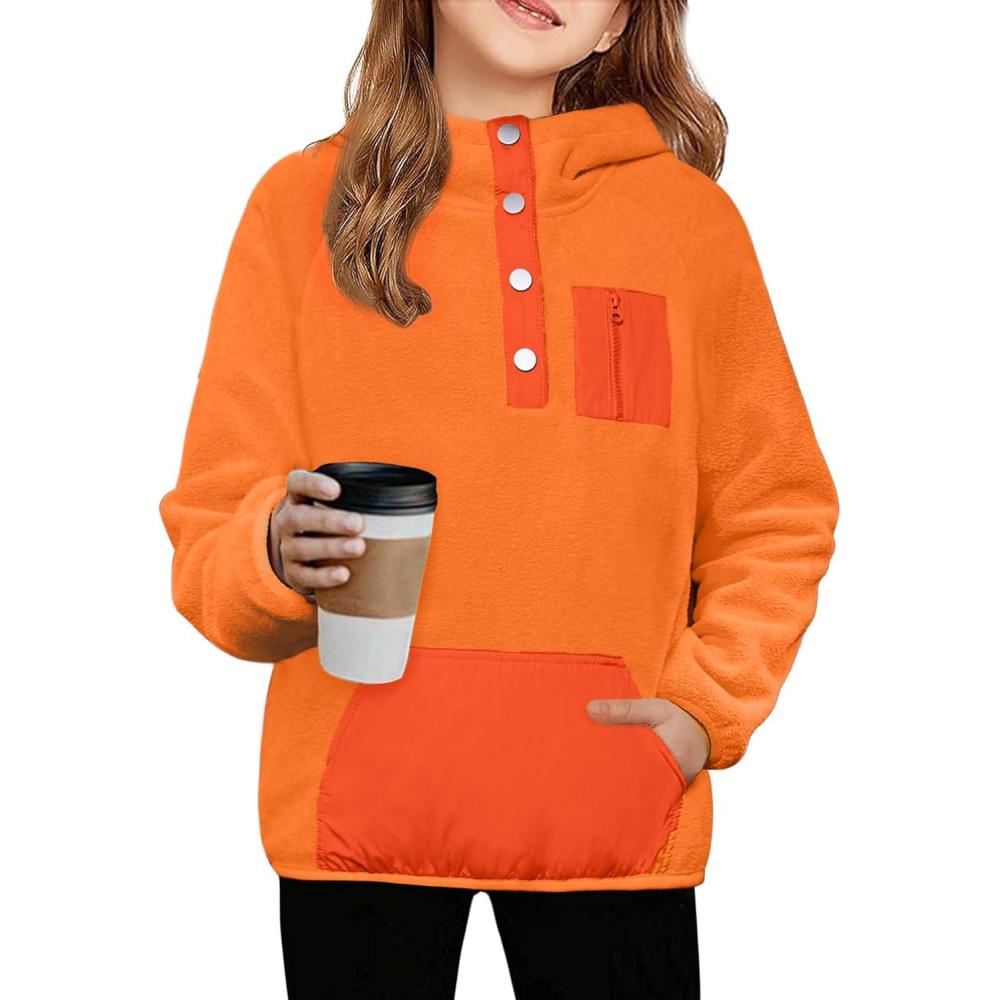 imageArshiner Girls Fleece Pullover Hooded Sweatshirt Colorblock Sherpa Hoodie for Teen Girl Winter Button Jacket Coat with PocketOrange