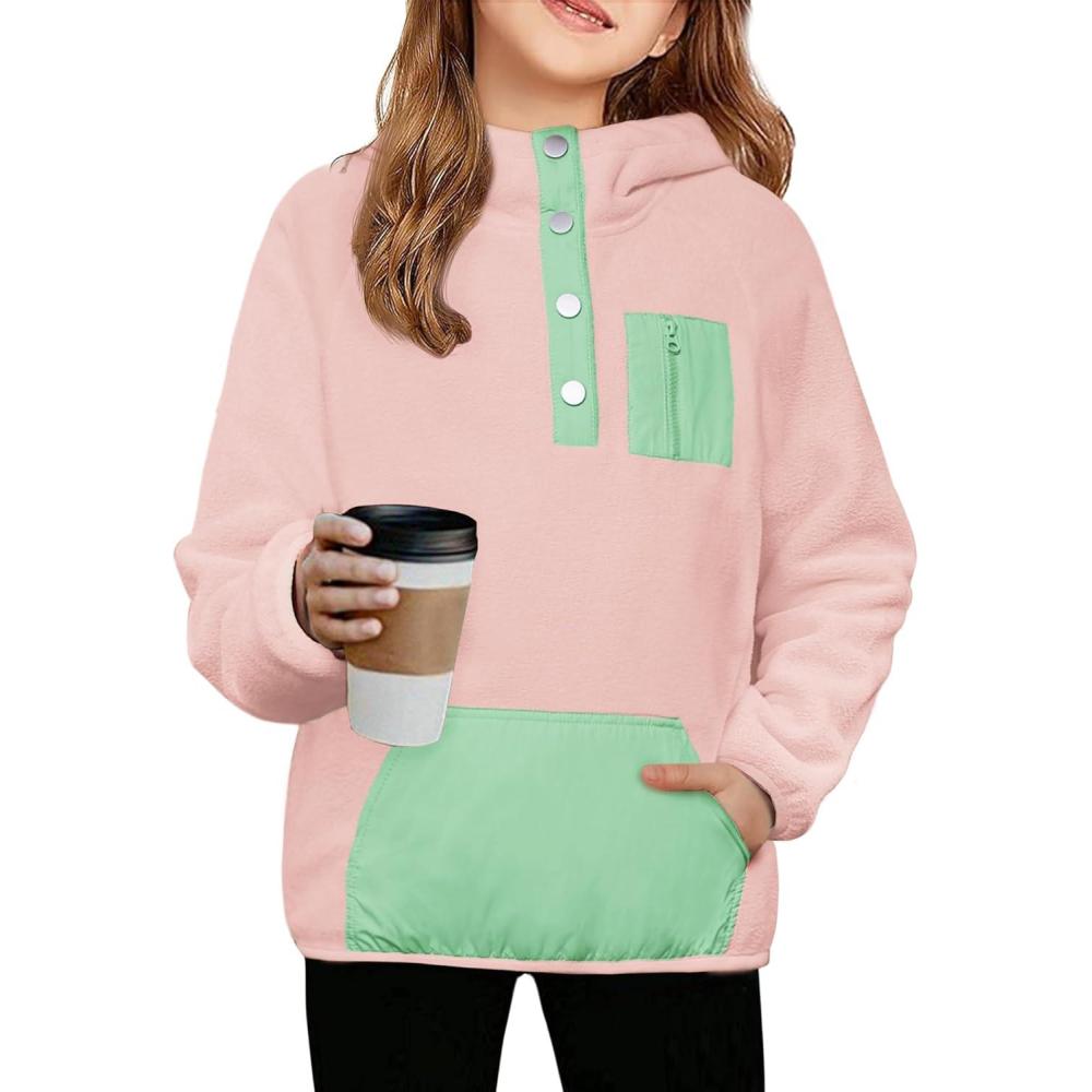 imageArshiner Girls Fleece Pullover Hooded Sweatshirt Colorblock Sherpa Hoodie for Teen Girl Winter Button Jacket Coat with PocketPink