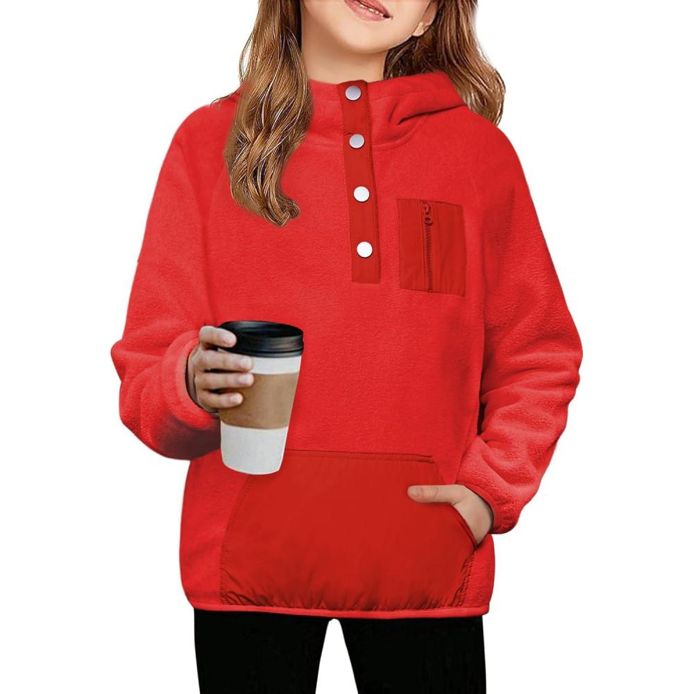 imageArshiner Girls Fleece Pullover Hooded Sweatshirt Colorblock Sherpa Hoodie for Teen Girl Winter Button Jacket Coat with PocketRed