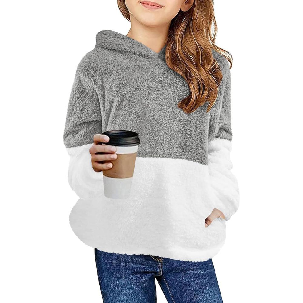 imageArshiner Girls Fuzzy Fleece Hoodies Casual Sweatshirt Sherpa Pullover with Kangaroo PocketsAgrey