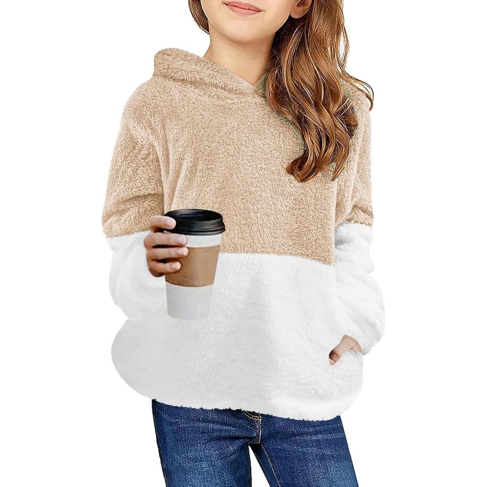 imageArshiner Girls Fuzzy Fleece Hoodies Casual Sweatshirt Sherpa Pullover with Kangaroo PocketsAkhaki