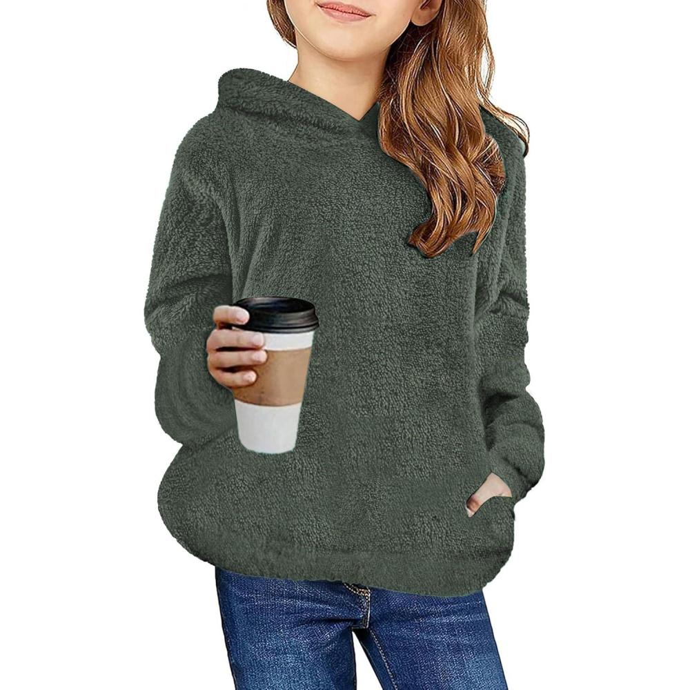 imageArshiner Girls Fuzzy Fleece Hoodies Casual Sweatshirt Sherpa Pullover with Kangaroo PocketsArmy Green