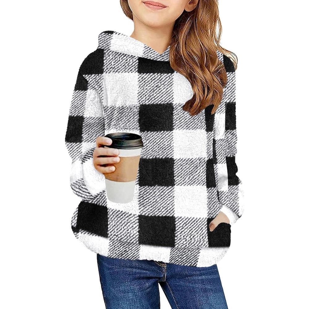 imageArshiner Girls Fuzzy Fleece Hoodies Casual Sweatshirt Sherpa Pullover with Kangaroo PocketsBlack Plaid