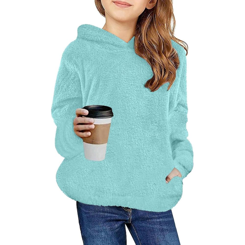 imageArshiner Girls Fuzzy Fleece Hoodies Casual Sweatshirt Sherpa Pullover with Kangaroo PocketsBlue