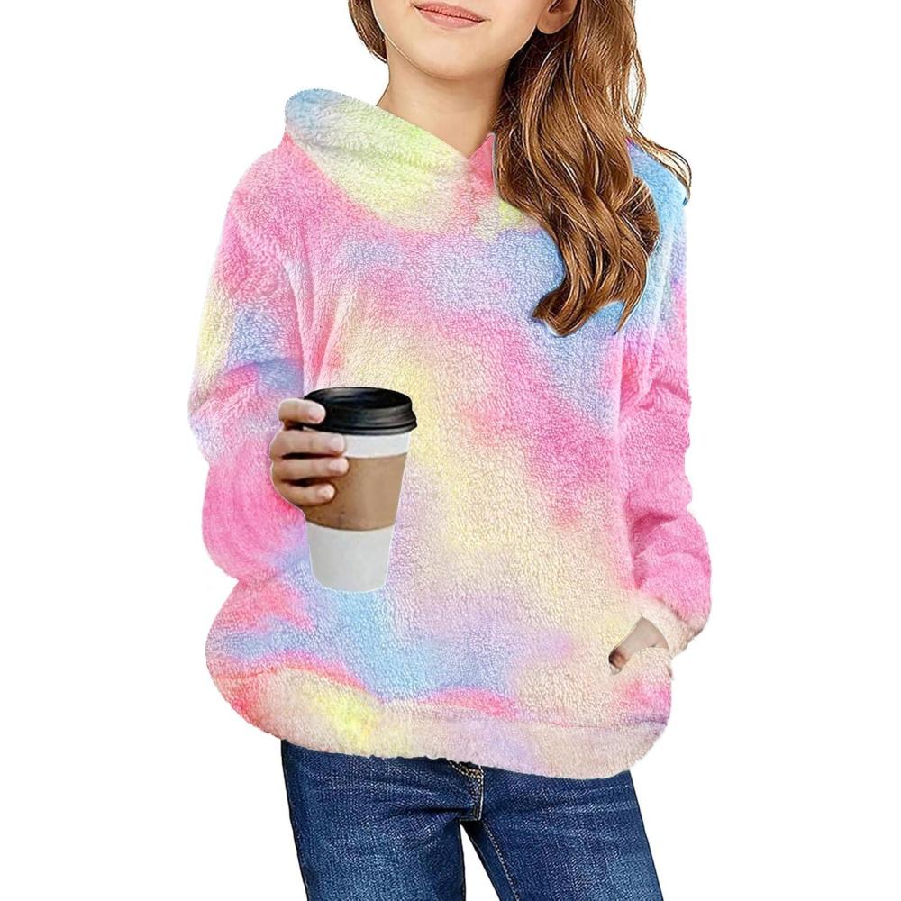 imageArshiner Girls Fuzzy Fleece Hoodies Casual Sweatshirt Sherpa Pullover with Kangaroo PocketsDpink Blue