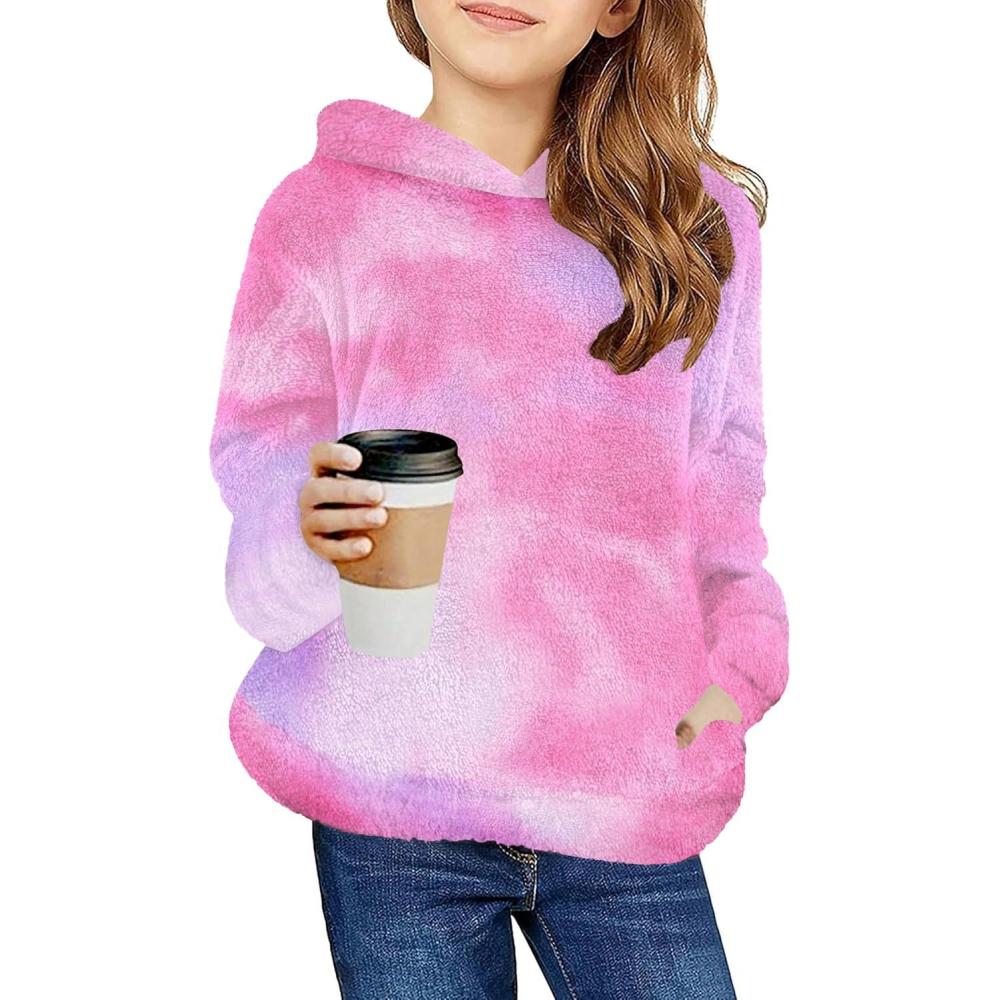 imageArshiner Girls Fuzzy Fleece Hoodies Casual Sweatshirt Sherpa Pullover with Kangaroo PocketsPink Purple