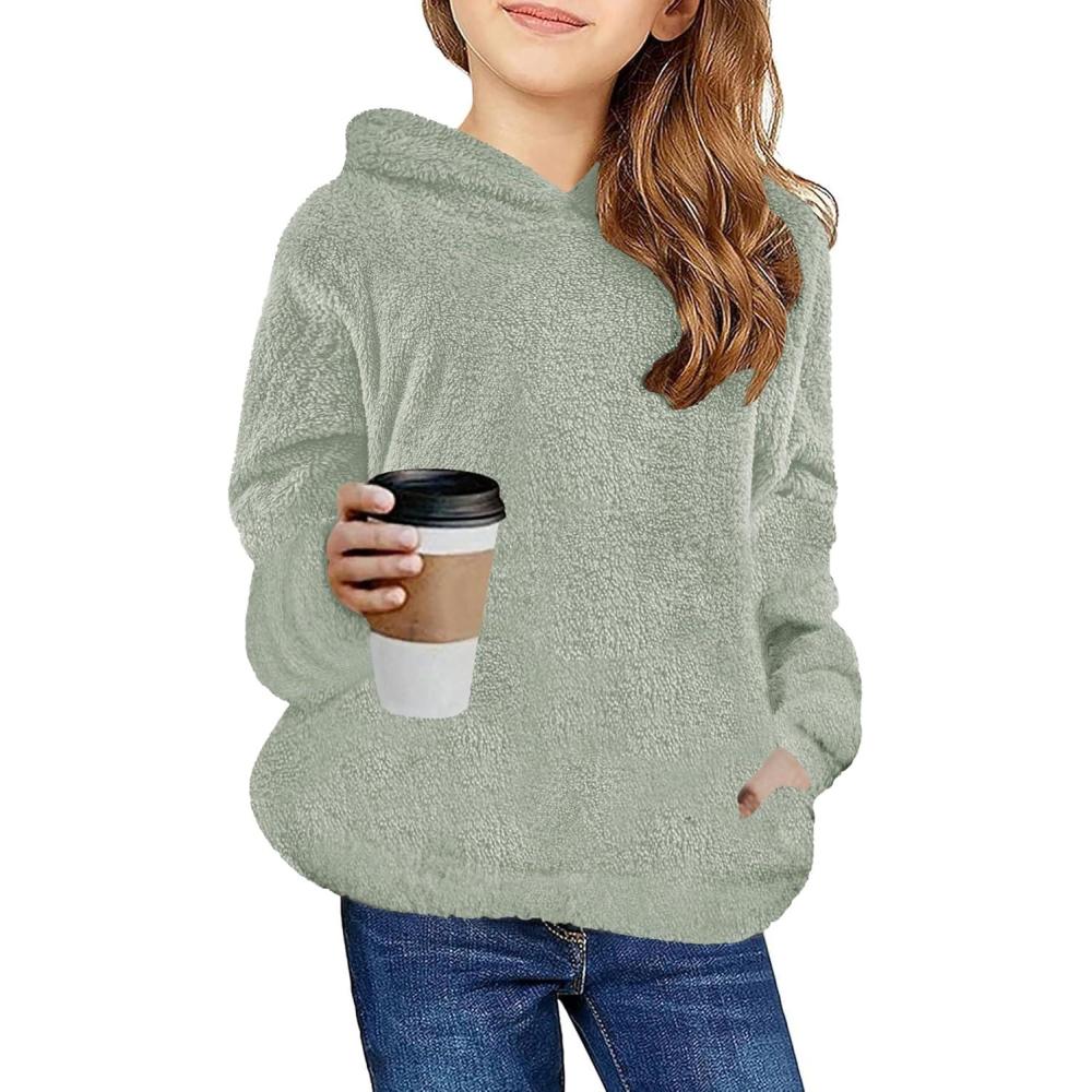 imageArshiner Girls Fuzzy Fleece Hoodies Casual Sweatshirt Sherpa Pullover with Kangaroo PocketsSage Green