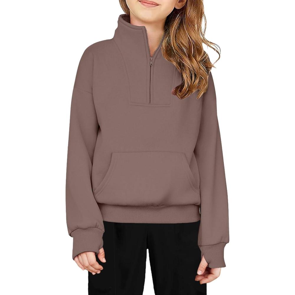 imageArshiner Girls Half Zip Sweatshirt Fleece Quarter Zip Pullover Sweatshirts Fall Clothes for Teen Girls Thumb HoleCoffee