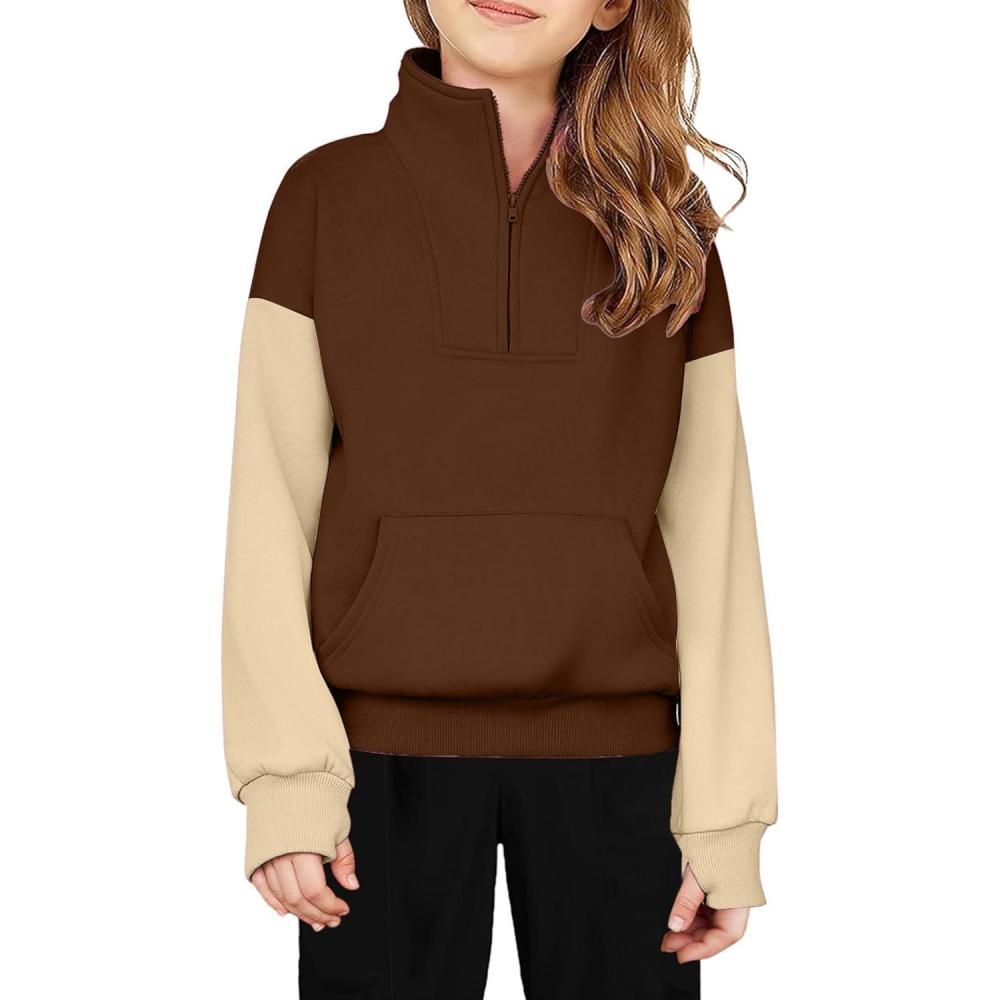 imageArshiner Girls Half Zip Sweatshirt Fleece Quarter Zip Pullover Sweatshirts Fall Clothes for Teen Girls Thumb HoleColorblock Brown