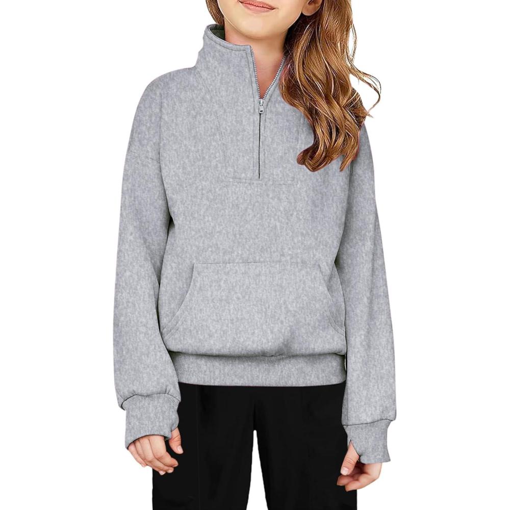 imageArshiner Girls Half Zip Sweatshirt Fleece Quarter Zip Pullover Sweatshirts Fall Clothes for Teen Girls Thumb HoleGrey
