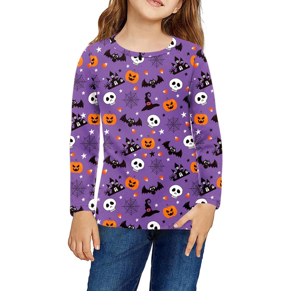 imageArshiner Girls Halloween Shirts Cotton Tops for Girl Long Sleeves Classic Style Blouse Tops Tee BlouseHalloweenpurple With Prints