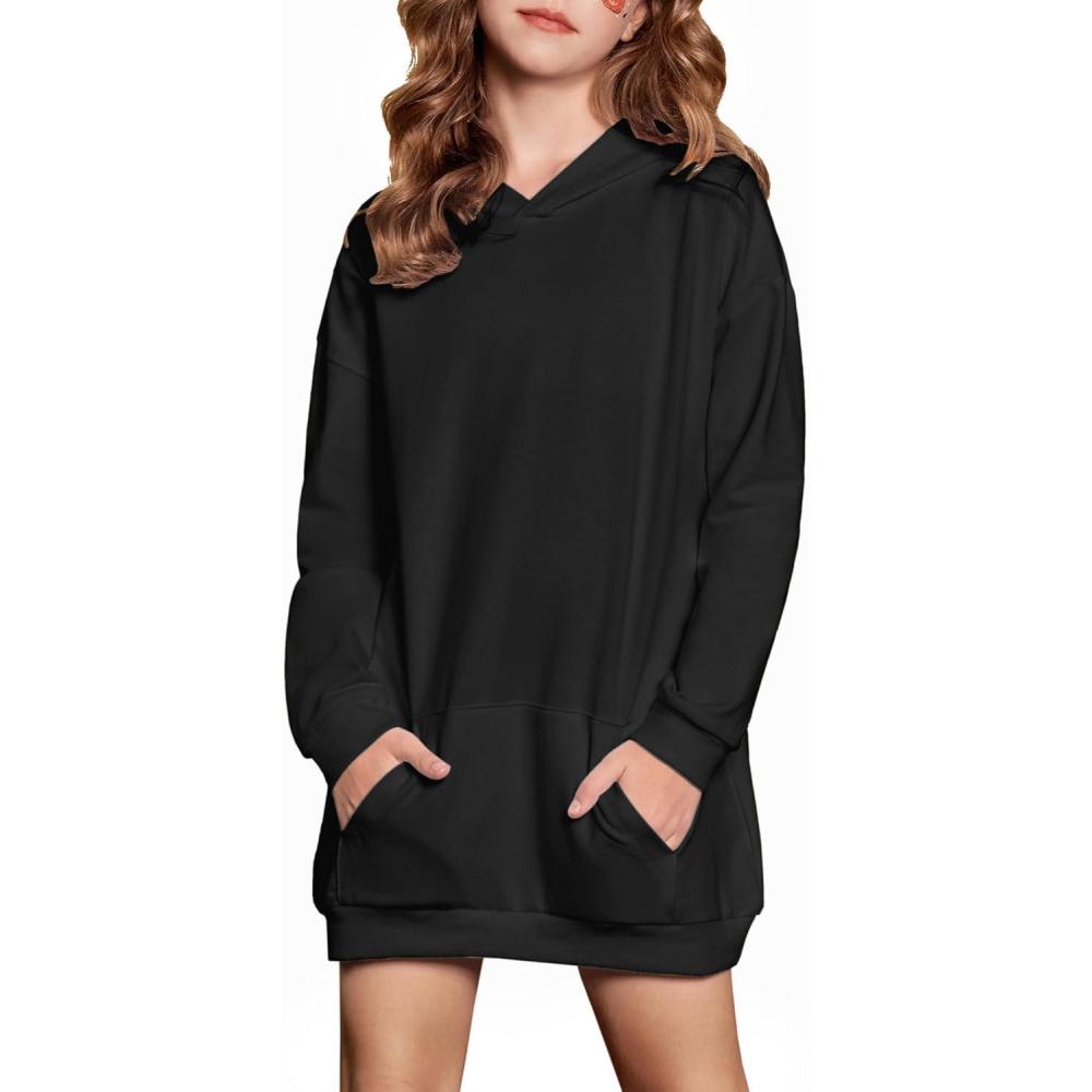 imageArshiner Girls Hoodies Kids Long Pullover Hooded Sweatshirt Long hoodies for Girls Hoodie Dress with Pockets for 514 YearsBlack