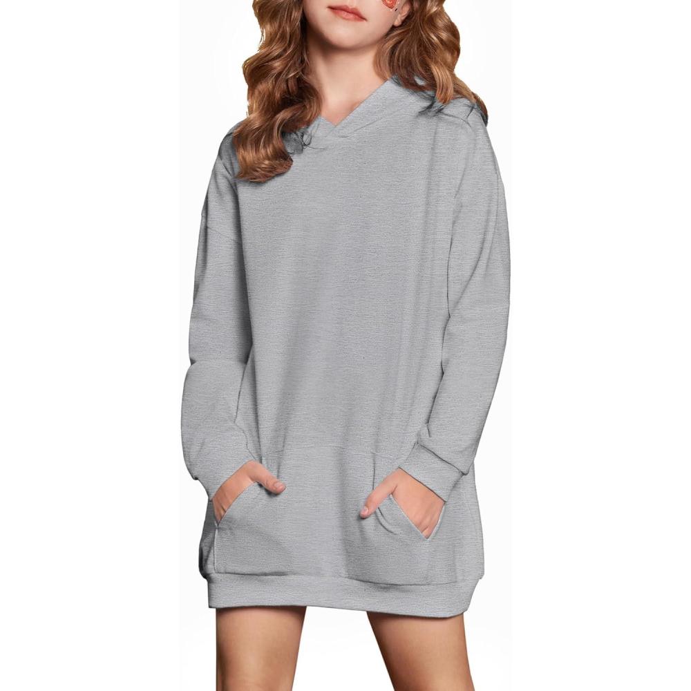 imageArshiner Girls Hoodies Kids Long Pullover Hooded Sweatshirt Long hoodies for Girls Hoodie Dress with Pockets for 514 YearsGrey