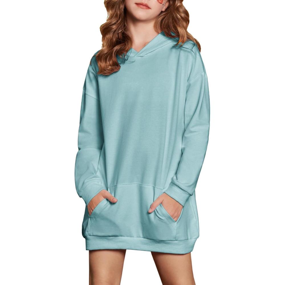 imageArshiner Girls Hoodies Kids Long Pullover Hooded Sweatshirt Long hoodies for Girls Hoodie Dress with Pockets for 514 YearsLight Green