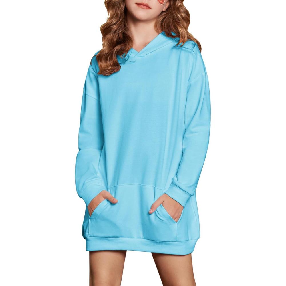 imageArshiner Girls Hoodies Kids Long Pullover Hooded Sweatshirt Long hoodies for Girls Hoodie Dress with Pockets for 514 YearsLight Turquoise