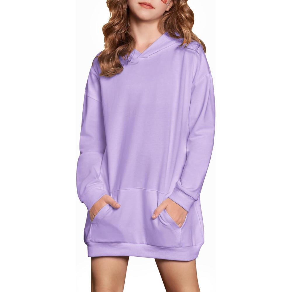imageArshiner Girls Hoodies Kids Long Pullover Hooded Sweatshirt Long hoodies for Girls Hoodie Dress with Pockets for 514 YearsLilac