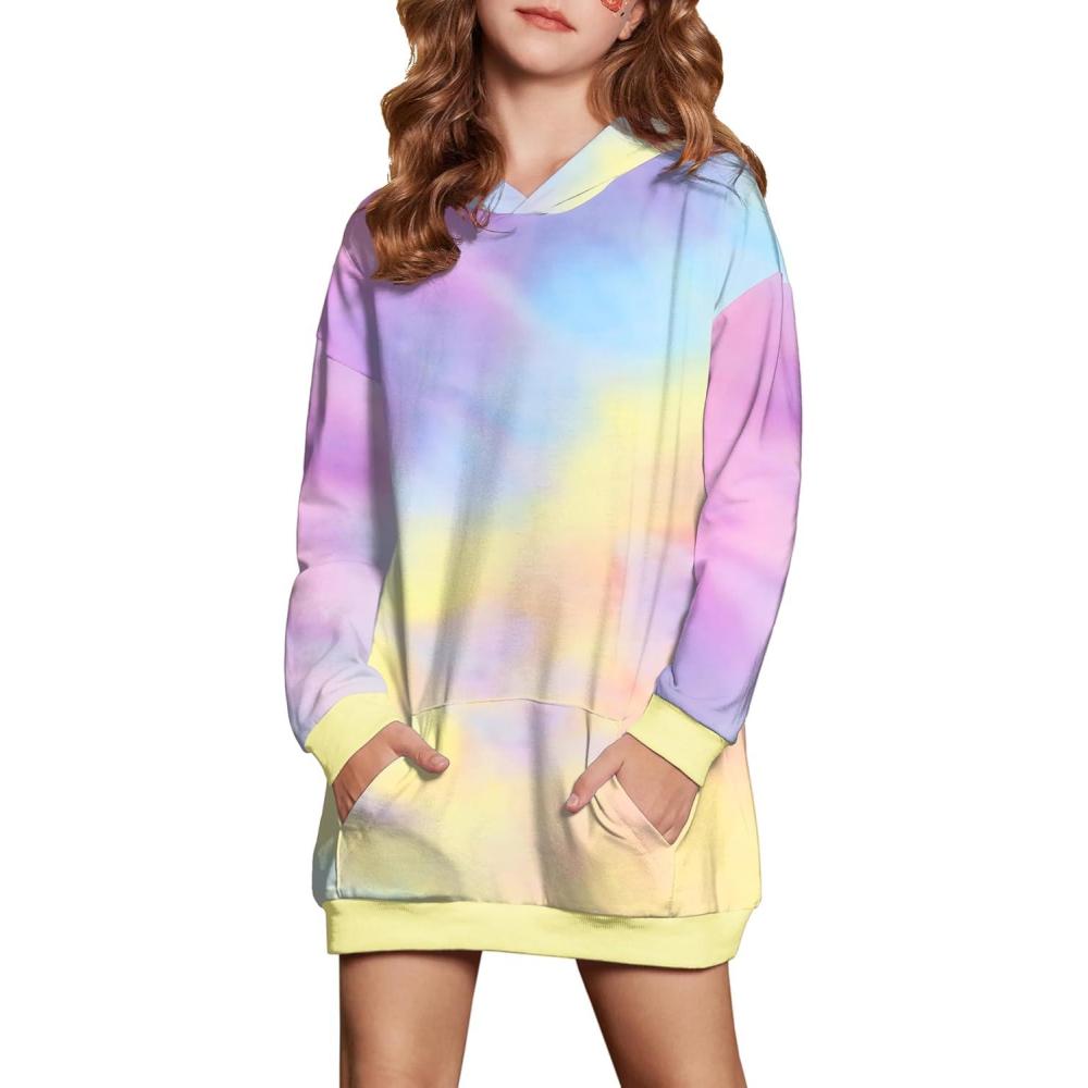 imageArshiner Girls Hoodies Kids Long Pullover Hooded Sweatshirt Long hoodies for Girls Hoodie Dress with Pockets for 514 YearsPinkblueyellow