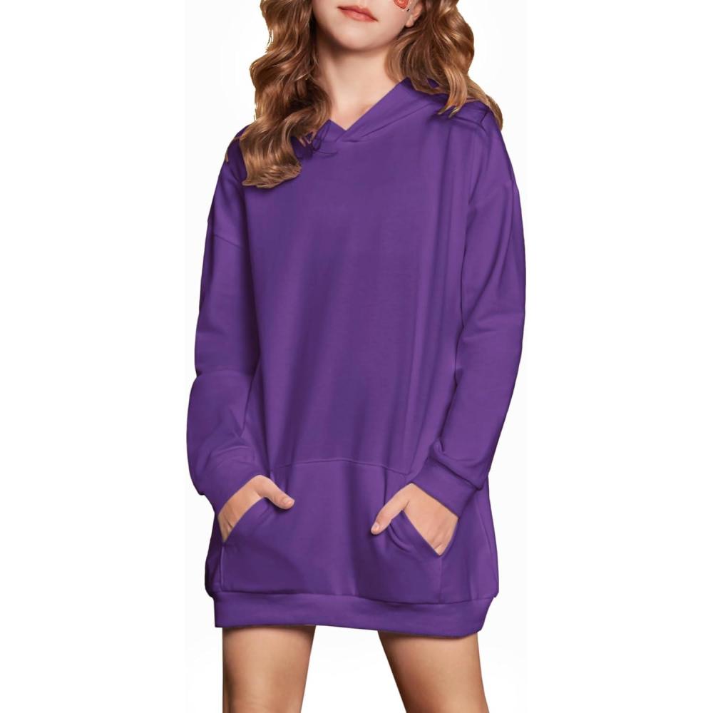 imageArshiner Girls Hoodies Kids Long Pullover Hooded Sweatshirt Long hoodies for Girls Hoodie Dress with Pockets for 514 YearsPurple