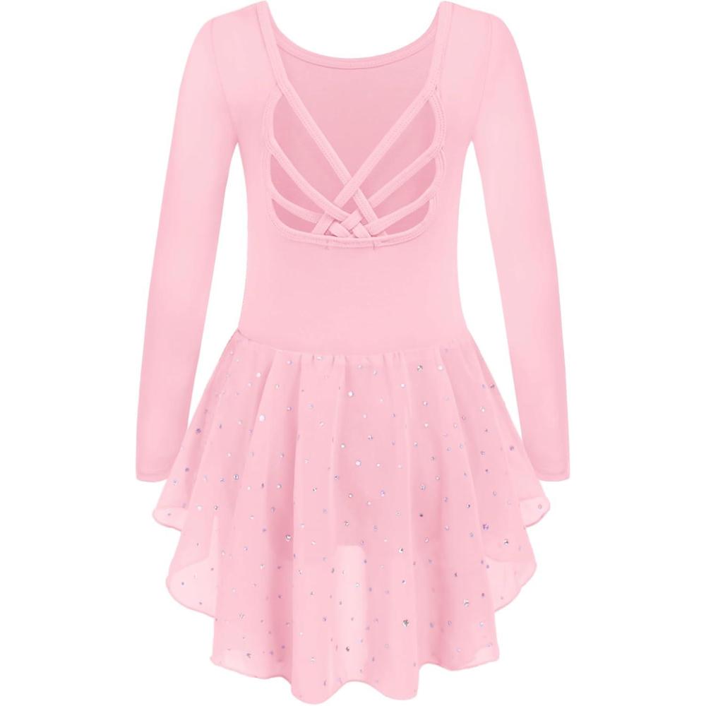 imageArshiner Girls Long Sleeve Ballet Leotards with Shinny Skirts CrissCross Back Dance DressesBallet Pink