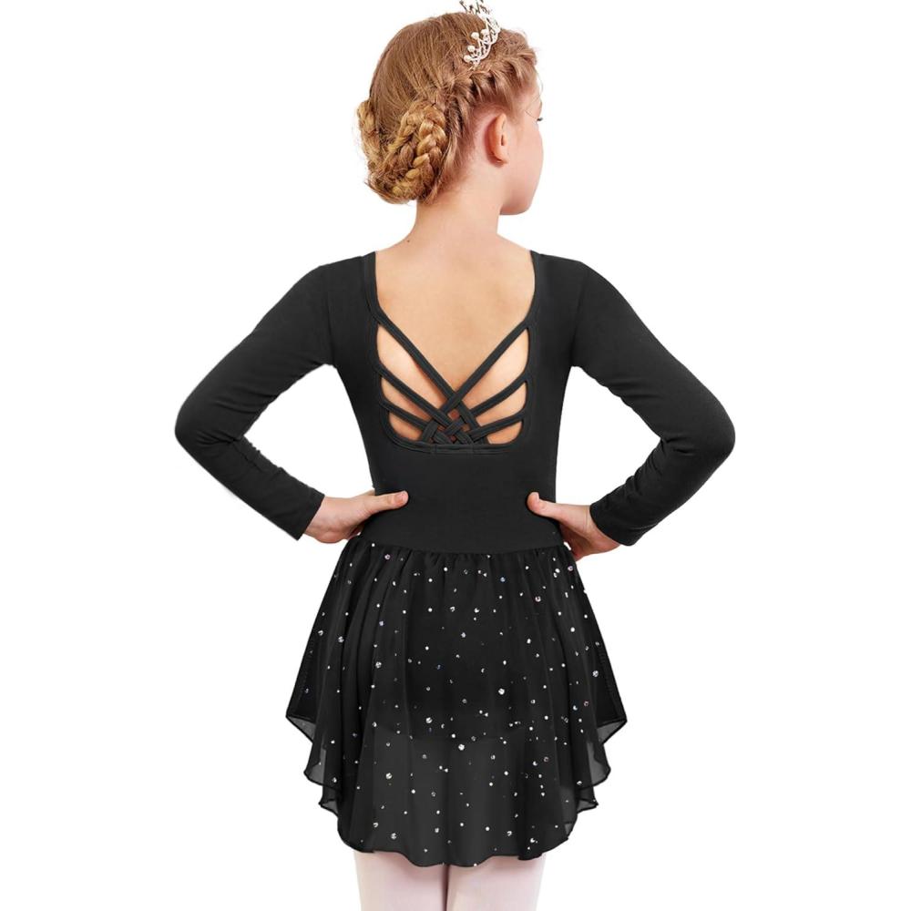 imageArshiner Girls Long Sleeve Ballet Leotards with Shinny Skirts CrissCross Back Dance DressesBlack