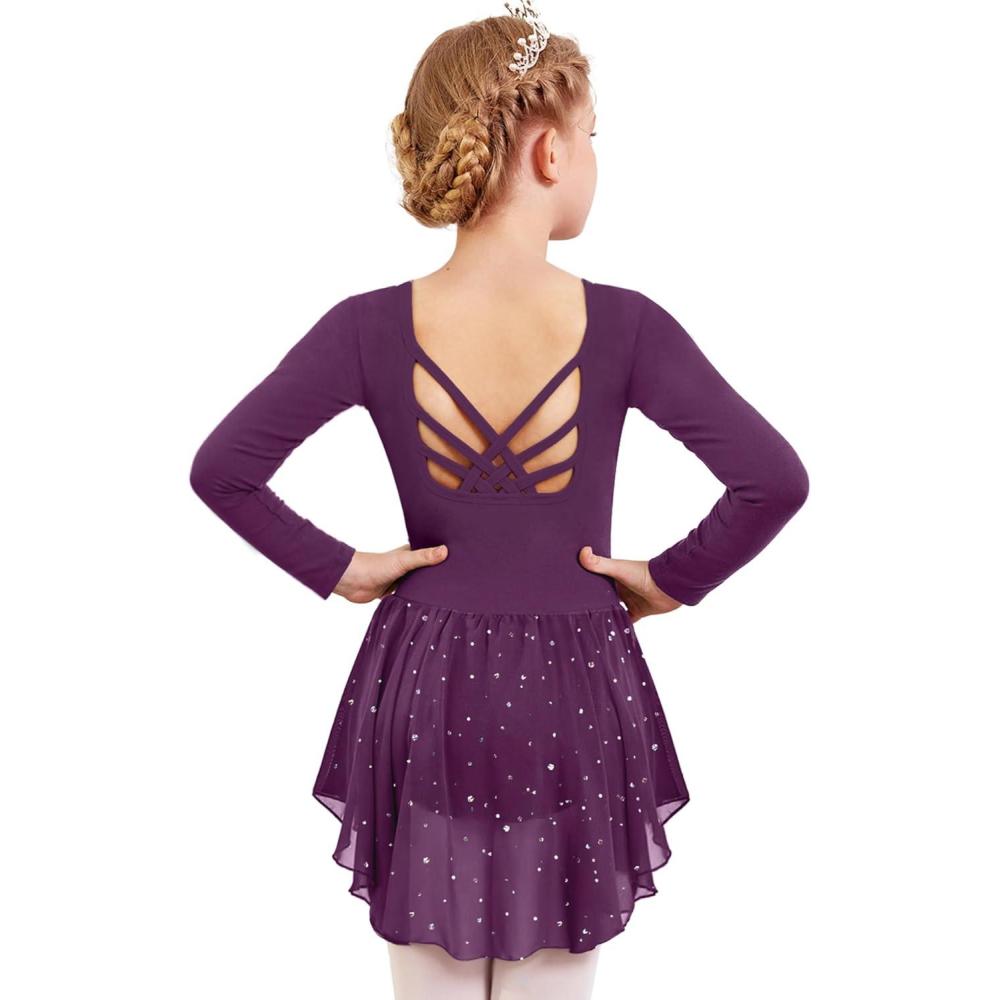 imageArshiner Girls Long Sleeve Ballet Leotards with Shinny Skirts CrissCross Back Dance DressesDark Purple