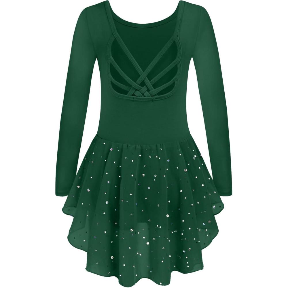 imageArshiner Girls Long Sleeve Ballet Leotards with Shinny Skirts CrissCross Back Dance DressesGreen