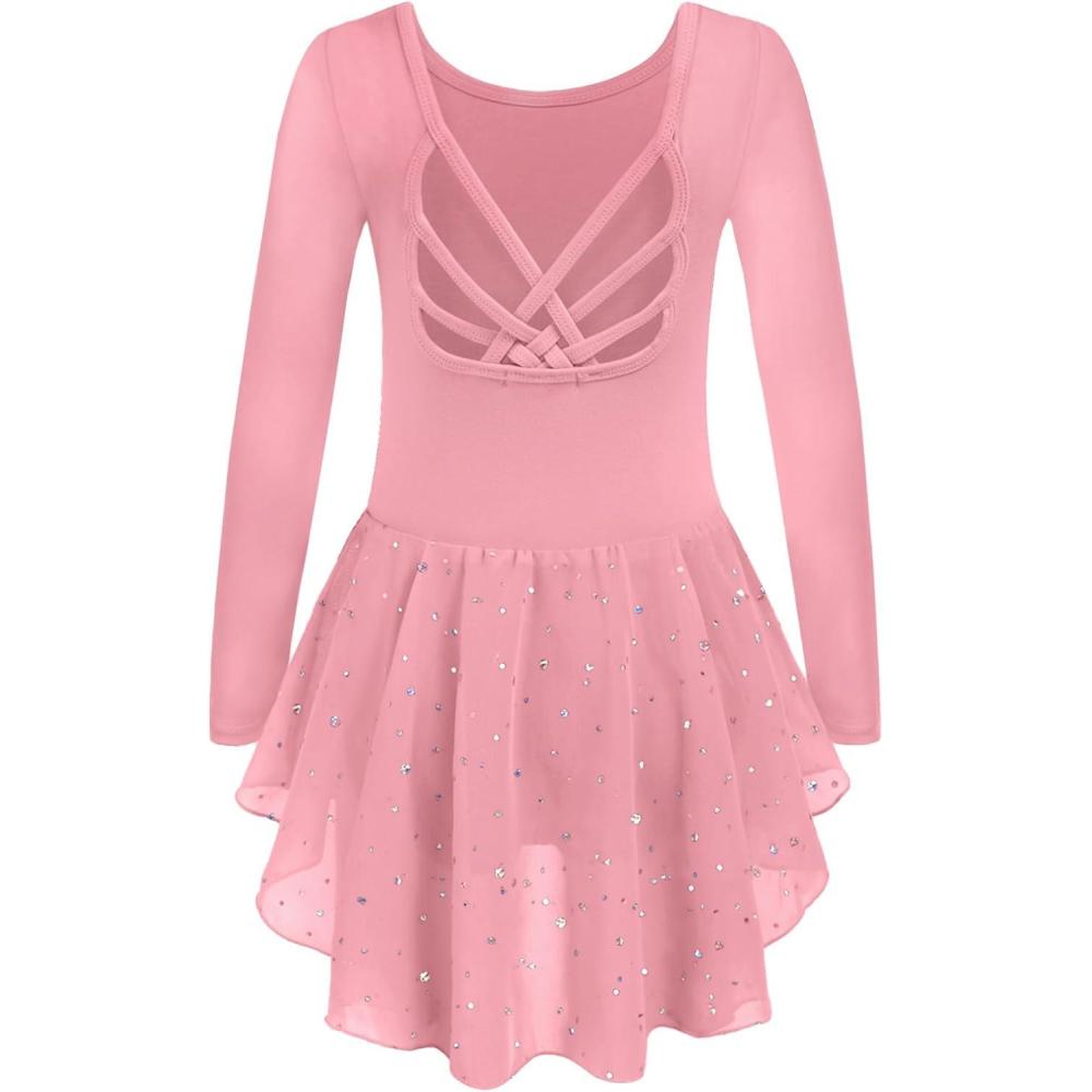 imageArshiner Girls Long Sleeve Ballet Leotards with Shinny Skirts CrissCross Back Dance DressesHot Pink