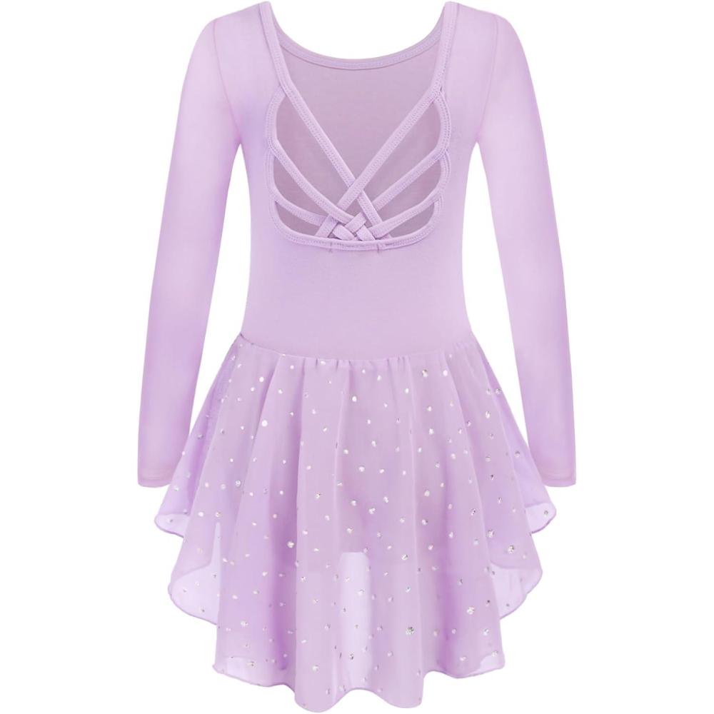 imageArshiner Girls Long Sleeve Ballet Leotards with Shinny Skirts CrissCross Back Dance DressesLilac