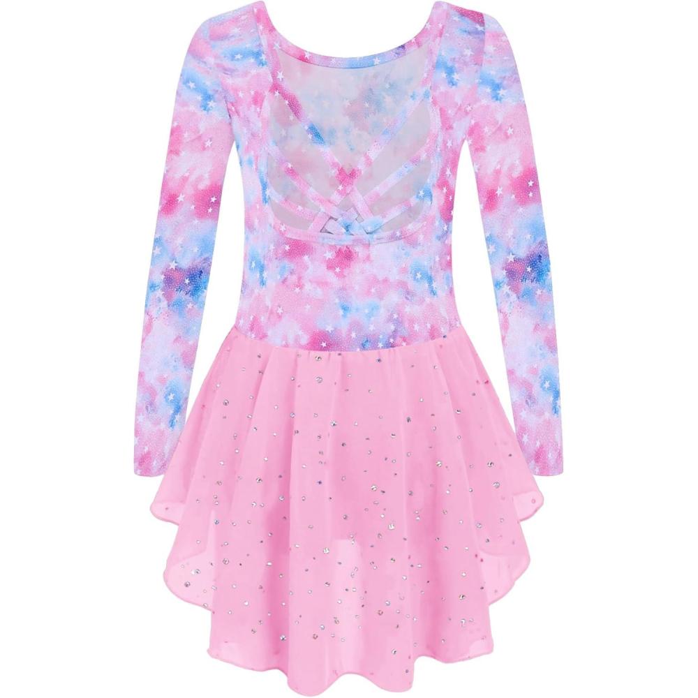 imageArshiner Girls Long Sleeve Ballet Leotards with Shinny Skirts CrissCross Back Dance DressesMulti Star