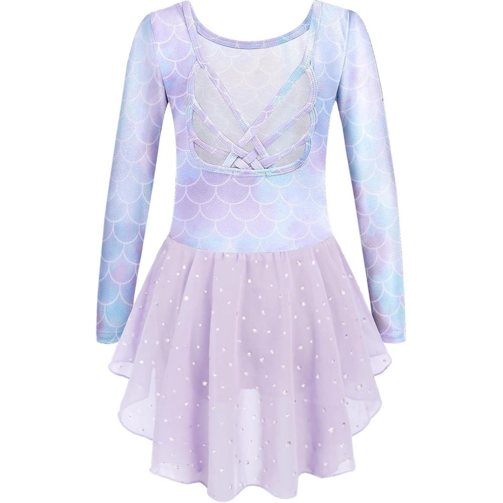 imageArshiner Girls Long Sleeve Ballet Leotards with Shinny Skirts CrissCross Back Dance DressesPurple Mermaid