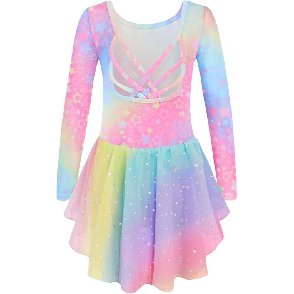 imageArshiner Girls Long Sleeve Ballet Leotards with Shinny Skirts CrissCross Back Dance DressesRainbow