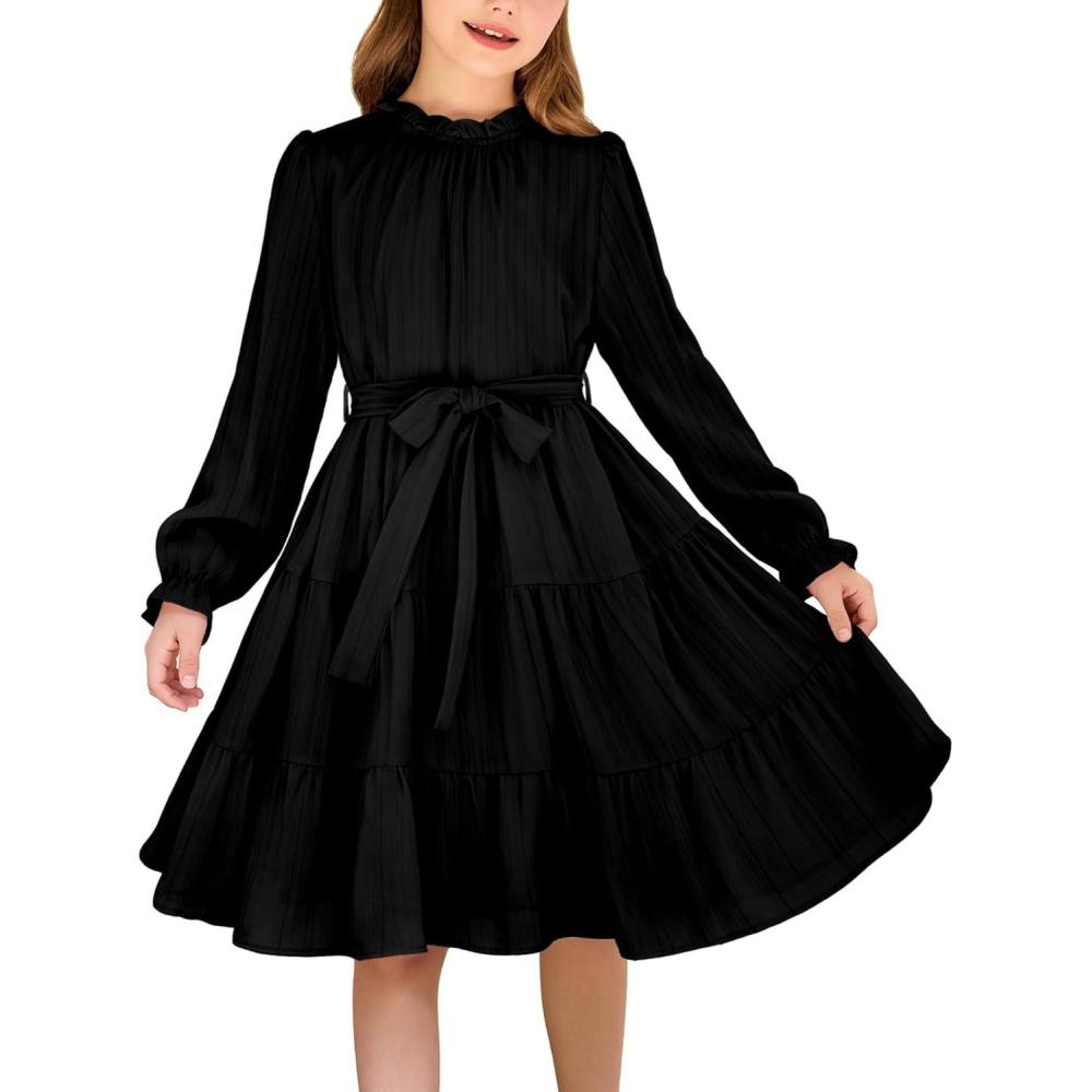 imageArshiner Girls Long Sleeve Dress Tween Fall Formal Party Holiday Midi Tiered Flowy Swing Dresses with Belt 513 YBlack