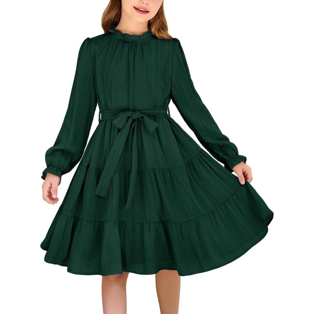 imageArshiner Girls Long Sleeve Dress Tween Fall Formal Party Holiday Midi Tiered Flowy Swing Dresses with Belt 513 YDark Green