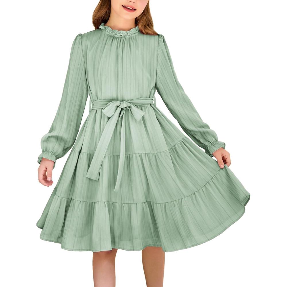 imageArshiner Girls Long Sleeve Dress Tween Fall Formal Party Holiday Midi Tiered Flowy Swing Dresses with Belt 513 YSage Green