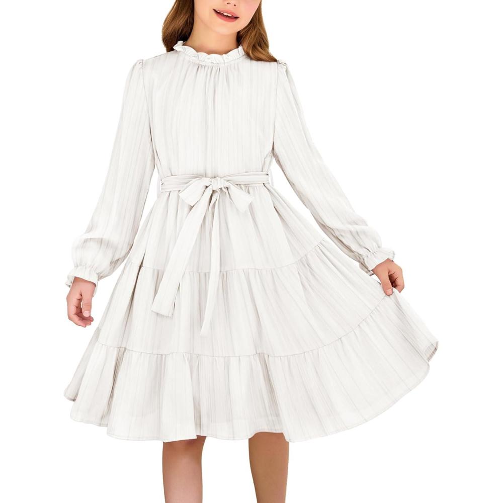 imageArshiner Girls Long Sleeve Dress Tween Fall Formal Party Holiday Midi Tiered Flowy Swing Dresses with Belt 513 YWhite