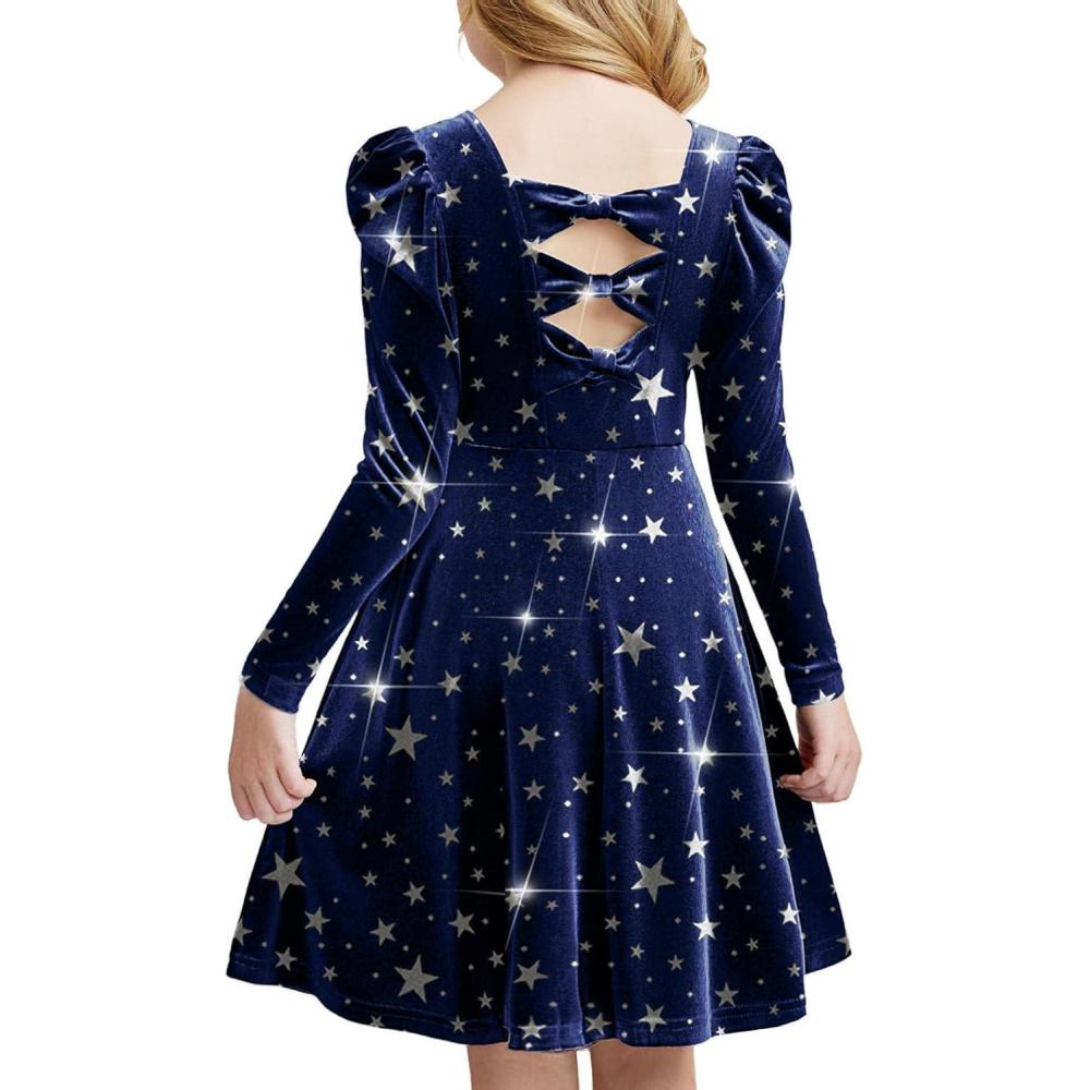 imageArshiner Girls Long Sleeve Dress Velvet Crew Neck Bow Back Holiday Party Dresses with PocketsBluegalaxy Print