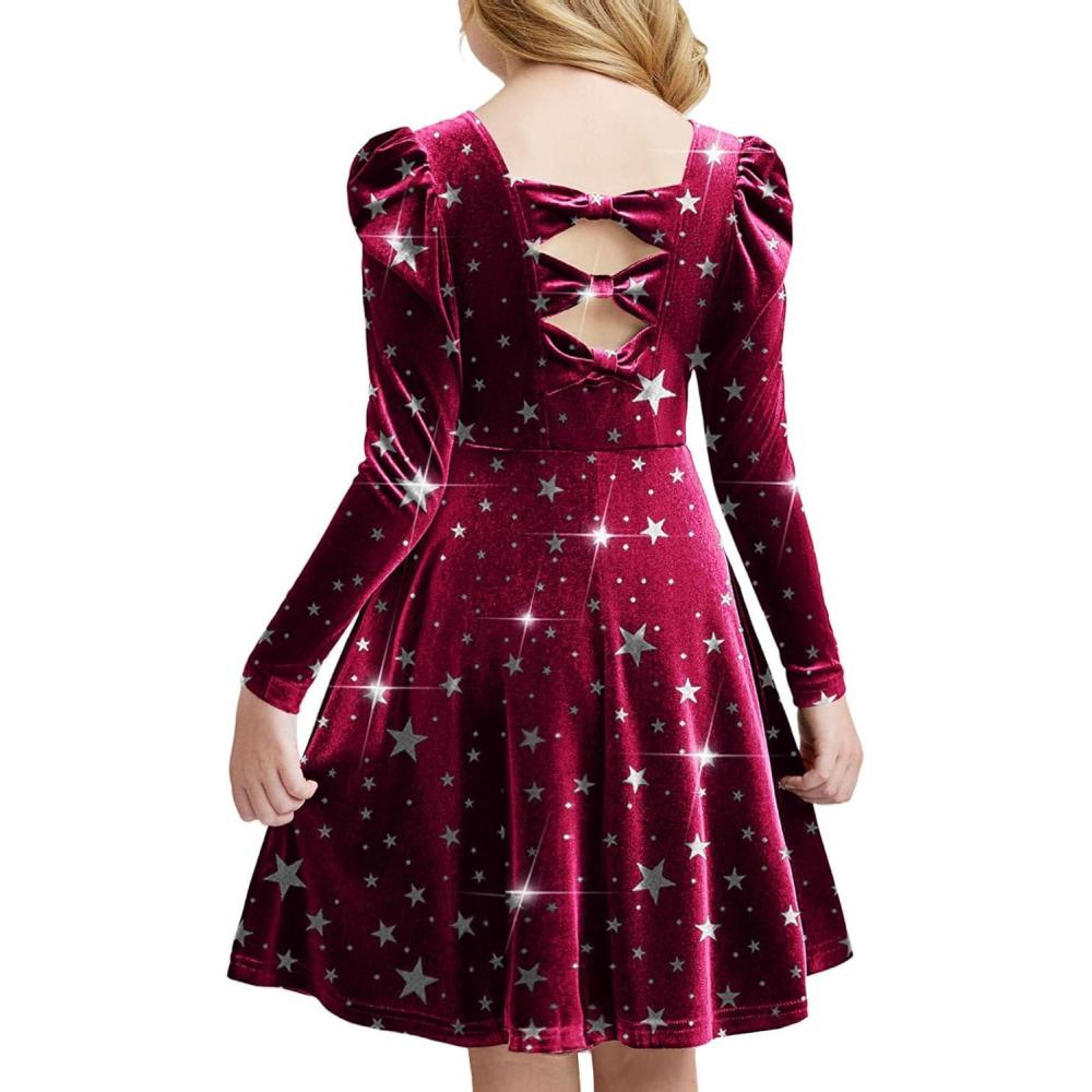 imageArshiner Girls Long Sleeve Dress Velvet Crew Neck Bow Back Holiday Party Dresses with PocketsBurgundygalaxy Print